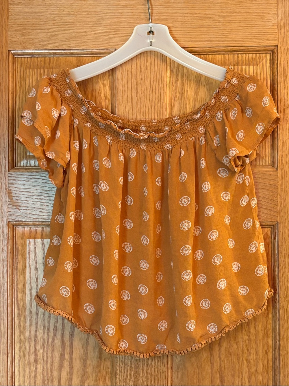 Rewind Mustard Dot Smocked Off-Shoulder Top
